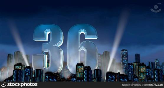 Number 36 in thick blue font lit from below with white light reflectors floating in the middle of a city center with tall buildings with blue lights on at night with cloudy sky. 3D Illustration. Number 36 in thick blue font lit from below with floodlights floating in the middle of a city center with tall buildings with lights on at night with cloudy sky. 3D Illustration