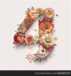 Number 4 containing flowers on a white background. Number 4 containing flowers on a white background AI Generated