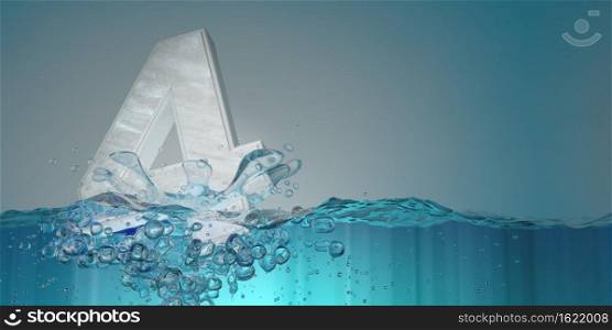 Number 4 in thick letters seen from the front sinking into the water splashing with drops producing bubbles underwater on a blue background. 3D Illustration. Number 4 in thick letters seen from the front sinking in the water splashing with drops producing bubbles on a blue background. 3D Illustration
