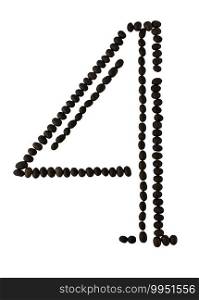 Number 4 made from roasted coffee seeds isolated on white background with clipping path from the top view can use for your messages. Selective focus.