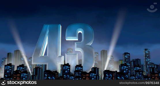 Number 43 in thick blue font lit from below with white light reflectors floating in the middle of a city center with tall buildings with blue lights on at night with cloudy sky. 3D Illustration. Number 43 in thick blue font lit from below with floodlights floating in the middle of a city center with tall buildings with lights on at night with cloudy sky. 3D Illustration