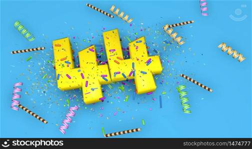 Number 44 for birthday, anniversary or promotion, in thick yellow letters on a blue background decorated with candies, streamers, chocolate straws and confetti falling from above. 3D Illustration. Number 44 for birthday, anniversary or promotion, in thick yellow letters on a blue background decorated with candies, streamers, chocolate straws and confetti. 3D Illustration
