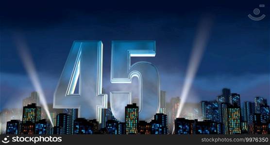 Number 45 in thick blue font lit from below with white light reflectors floating in the middle of a city center with tall buildings with blue lights on at night with cloudy sky. 3D Illustration. Number 45 in thick blue font lit from below with floodlights floating in the middle of a city center with tall buildings with lights on at night with cloudy sky. 3D Illustration