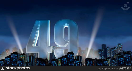 Number 49 in thick blue font lit from below with white light reflectors floating in the middle of a city center with tall buildings with blue lights on at night with cloudy sky. 3D Illustration. Number 49 in thick blue font lit from below with floodlights floating in the middle of a city center with tall buildings with lights on at night with cloudy sky. 3D Illustration