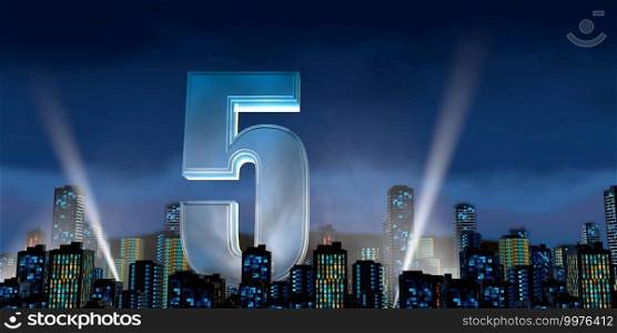 Number 5 in thick blue font lit from below with white light reflectors floating in the middle of a city center with tall buildings with blue lights on at night with cloudy sky. 3D Illustration. Number 5 in thick blue font lit from below with floodlights floating in the middle of a city center with tall buildings with lights on at night with cloudy sky. 3D Illustration