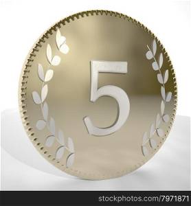 Number 5 over golden coin with laurel leaves, 3d render, square image