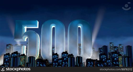 Number 500 in thick blue font lit from below with white light reflectors floating in the middle of a city center with tall buildings with blue lights on at night with cloudy sky. 3D Illustration. Number 500 in thick blue font lit from below with floodlights floating in the middle of a city center with tall buildings with lights on at night with cloudy sky. 3D Illustration