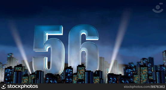 Number 56 in thick blue font lit from below with white light reflectors floating in the middle of a city center with tall buildings with blue lights on at night with cloudy sky. 3D Illustration. Number 56 in thick blue font lit from below with floodlights floating in the middle of a city center with tall buildings with lights on at night with cloudy sky. 3D Illustration