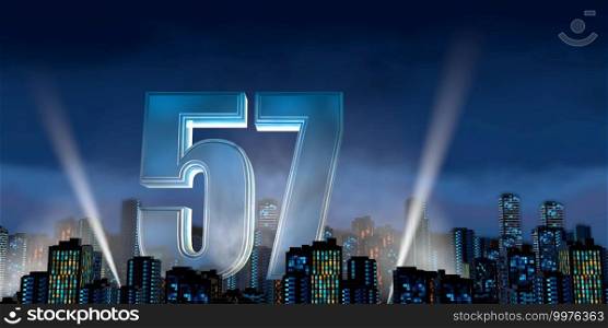 Number 57 in thick blue font lit from below with white light reflectors floating in the middle of a city center with tall buildings with blue lights on at night with cloudy sky. 3D Illustration. Number 57 in thick blue font lit from below with floodlights floating in the middle of a city center with tall buildings with lights on at night with cloudy sky. 3D Illustration