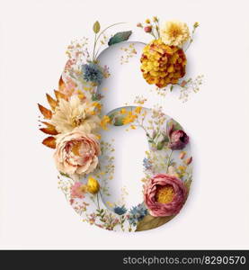 Number 6 containing flowers on a white background. Number 6 containing flowers on a white background AI Generated