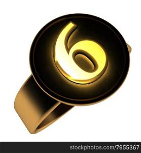 Number 6 over golden and black ring, 3d render, isolated over white, square image
