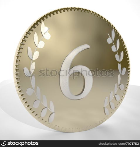 Number 6 over golden coin with laurel leaves, 3d render, square image