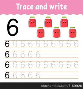 Number 6. Trace and write. Handwriting practice. Learning numbers for kids. Education developing worksheet. Color activity page. Isolated vector illustration in cute cartoon style.