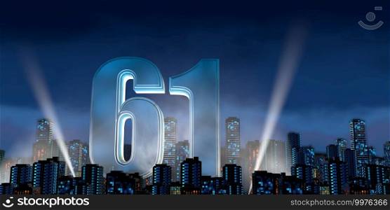 Number 61 in thick blue font lit from below with white light reflectors floating in the middle of a city center with tall buildings with blue lights on at night with cloudy sky. 3D Illustration. Number 61 in thick blue font lit from below with floodlights floating in the middle of a city center with tall buildings with lights on at night with cloudy sky. 3D Illustration