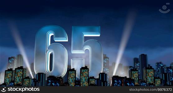 Number 65 in thick blue font lit from below with white light reflectors floating in the middle of a city center with tall buildings with blue lights on at night with cloudy sky. 3D Illustration. Number 65 in thick blue font lit from below with floodlights floating in the middle of a city center with tall buildings with lights on at night with cloudy sky. 3D Illustration