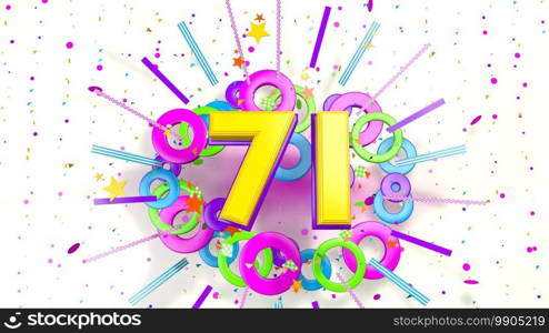 Number 71 for promotion, birthday or anniversary on an explosion of confetti, stars, lines and circles of purple, blue, yellow, red and green colors on a white background. 3d illustration. Number 71 for promotion, birthday or anniversary over an explosion of colored confetti, stars, lines and circles on a white background. 3d illustration