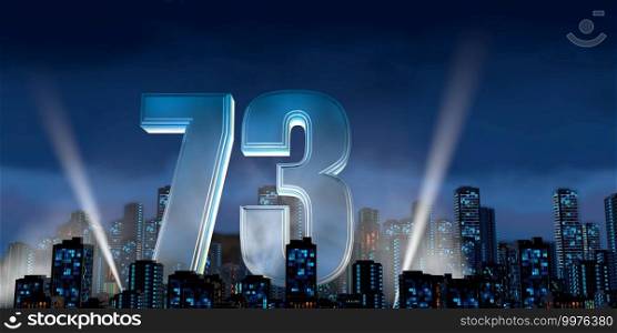 Number 73 in thick blue font lit from below with white light reflectors floating in the middle of a city center with tall buildings with blue lights on at night with cloudy sky. 3D Illustration. Number 73 in thick blue font lit from below with floodlights floating in the middle of a city center with tall buildings with lights on at night with cloudy sky. 3D Illustration