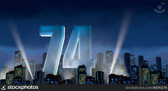 Number 74 in thick blue font lit from below with white light reflectors floating in the middle of a city center with tall buildings with blue lights on at night with cloudy sky. 3D Illustration. Number 74 in thick blue font lit from below with floodlights floating in the middle of a city center with tall buildings with lights on at night with cloudy sky. 3D Illustration