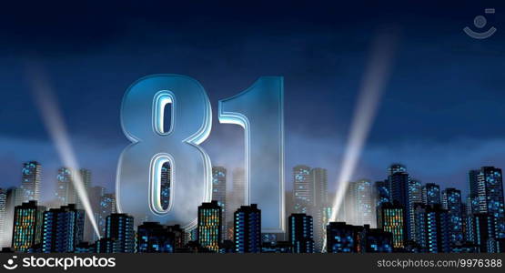 Number 81 in thick blue font lit from below with white light reflectors floating in the middle of a city center with tall buildings with blue lights on at night with cloudy sky. 3D Illustration. Number 81 in thick blue font lit from below with floodlights floating in the middle of a city center with tall buildings with lights on at night with cloudy sky. 3D Illustration