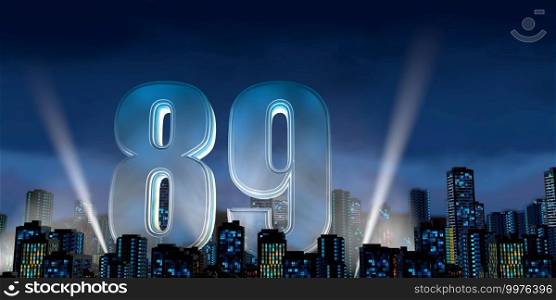 Number 89 in thick blue font lit from below with white light reflectors floating in the middle of a city center with tall buildings with blue lights on at night with cloudy sky. 3D Illustration. Number 89 in thick blue font lit from below with floodlights floating in the middle of a city center with tall buildings with lights on at night with cloudy sky. 3D Illustration