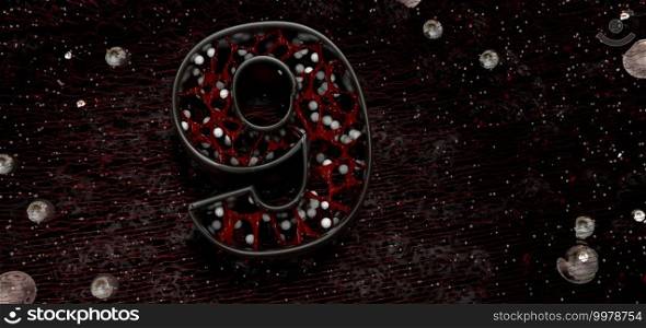 Number 9 in thick letters with organic red structure and white balls inside on a black stone background with texture of red lines and glass spheres. 3D Illustration. Number 9 in thick letters with an organic red structure inside on a background of black stone with texture of red lines and glass spheres. 3D Illustration