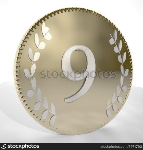 Number 9 over golden coin with laurel leaves, 3d render, square image