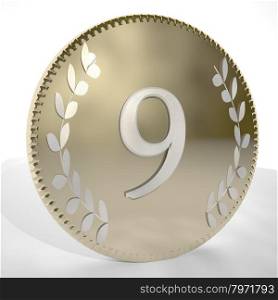 Number 9 over golden coin with laurel leaves, 3d render, square image