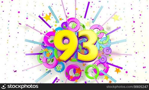 Number 93 for promotion, birthday or anniversary on an explosion of confetti, stars, lines and circles of purple, blue, yellow, red and green colors on a white background. 3d illustration. Number 93 for promotion, birthday or anniversary over an explosion of colored confetti, stars, lines and circles on a white background. 3d illustration