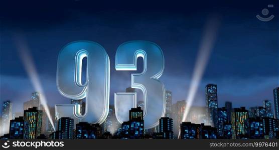 Number 93 in thick blue font lit from below with white light reflectors floating in the middle of a city center with tall buildings with blue lights on at night with cloudy sky. 3D Illustration . Number 93 in thick blue font lit from below with floodlights floating in the middle of a city center with tall buildings with lights on at night with cloudy sky. 3D Illustration