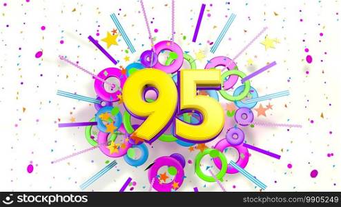 Number 95 for promotion, birthday or anniversary on an explosion of confetti, stars, lines and circles of purple, blue, yellow, red and green colors on a white background. 3d illustration. Number 95 for promotion, birthday or anniversary over an explosion of colored confetti, stars, lines and circles on a white background. 3d illustration