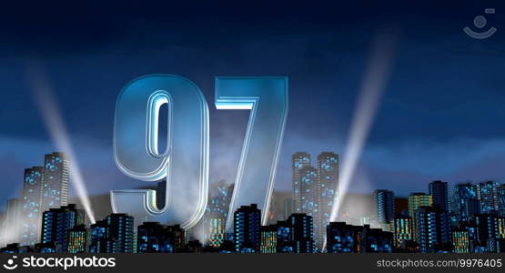 Number 97 in thick blue font lit from below with white light reflectors floating in the middle of a city center with tall buildings with blue lights on at night with cloudy sky. 3D Illustration. Number 97 in thick blue font lit from below with floodlights floating in the middle of a city center with tall buildings with lights on at night with cloudy sky. 3D Illustration