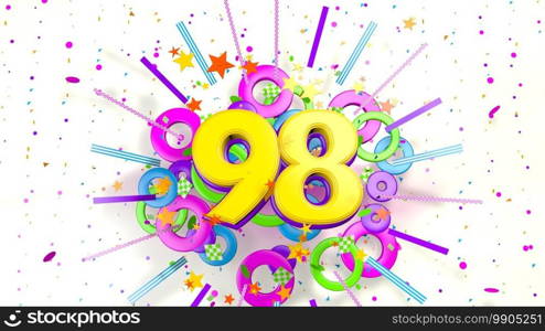 Number 98 for promotion, birthday or anniversary on an explosion of confetti, stars, lines and circles of purple, blue, yellow, red and green colors on a white background. 3d illustration. Number 98 for promotion, birthday or anniversary over an explosion of colored confetti, stars, lines and circles on a white background. 3d illustration