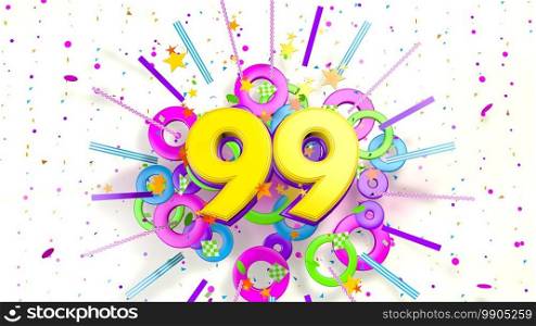 Number 99 for promotion, birthday or anniversary on an explosion of confetti, stars, lines and circles of purple, blue, yellow, red and green colors on a white background. 3d illustration. Number 99 for promotion, birthday or anniversary over an explosion of colored confetti, stars, lines and circles on a white background. 3d illustration