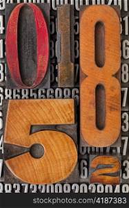 number abstract - vintage letterpress wood type stained by color ink over metal typeset