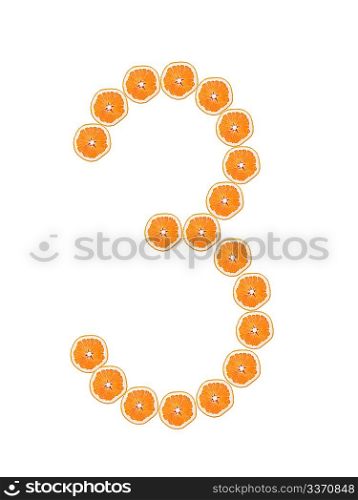 Number &acute;3&acute; from orange slices isolated on white background