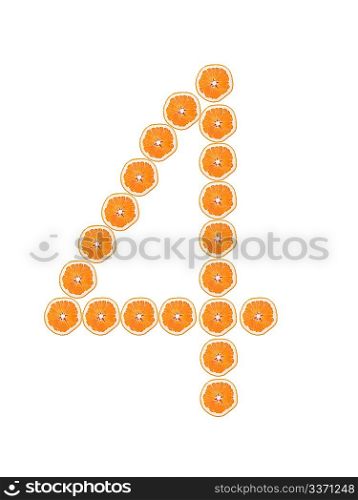 Number &acute;4&acute; from orange slices isolated on white background