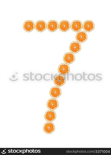 Number &acute;7&acute; from orange slices isolated on white background