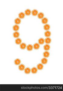 Number &acute;9&acute; from orange slices isolated on white background