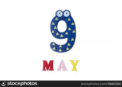Number nine and the word may on a white background. Calendar.. Number nine and the word may on a white background.