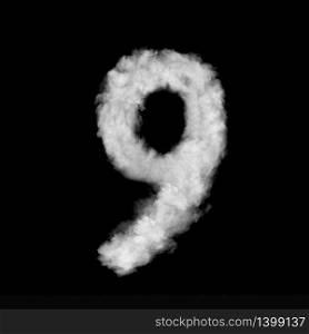 Number nine made of white clouds or smoke on a black background with copy space, not render.. Figure nine made from white clouds on a black background.