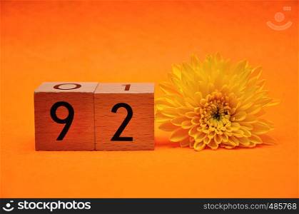 Number ninety two with a yellow daisy on an orange background
