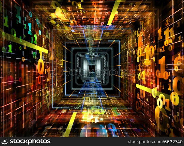 Number Tunnel series. Backdrop composed of CPU chip, colorful numbers and fractal elements in perspective and suitable for use in the projects on computers, mathematics, science and education