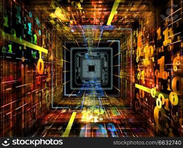 Number Tunnel series. Backdrop composed of CPU chip, colorful numbers and fractal elements in perspective and suitable for use in the projects on computers, mathematics, science and education
