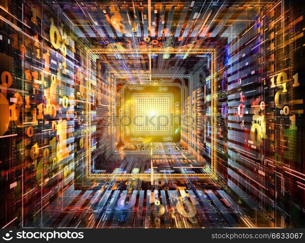 Number Tunnel series. Composition of CPU chip, colorful numbers and fractal elements in perspective on the subject of computers, mathematics, science and education