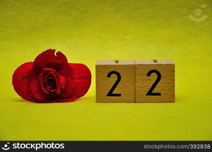 Number twenty two with a red flower on a yellow background