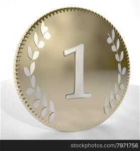 Number1 over golden coin with laurel leaves, 3d render, square image