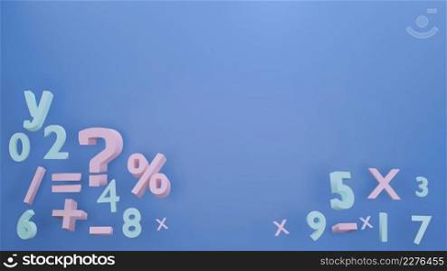Numbers 0-9 and math symbols, computational education concept, minimalist style pastel blue background. There is a copy of the text for compositing the 3D render.