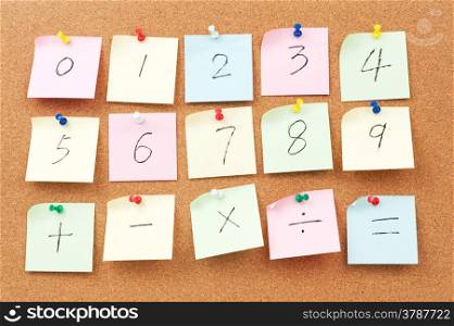 Numbers and Arithmetic operators written on paper and pinned on corkboard