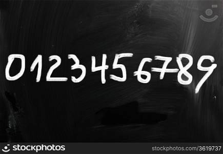 ""Numbers" handwritten with white chalk on a blackboard"