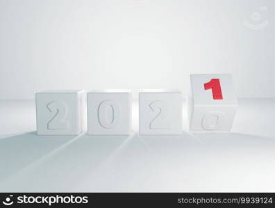 Numbers of 2021 on a square box. 3D rendering illustration design. The concept of change the year from 2020 to 2021 With number one is the red color on white background